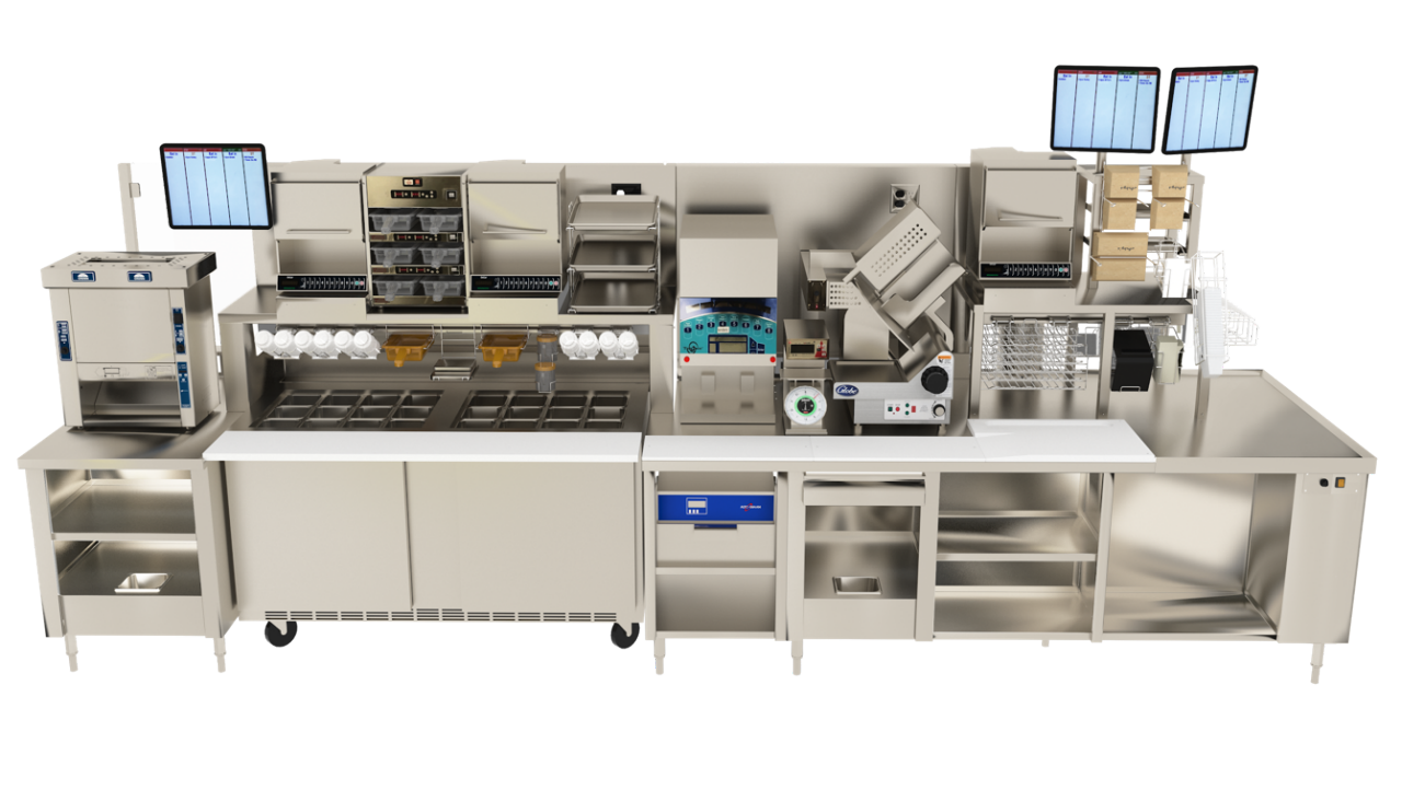 A stainless steel sandwich prep line with hot and cold holding and places for individual appliances