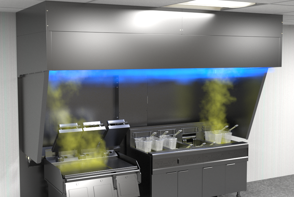 A Franke Air Knife exhaust hood is shown capturing vapors from a grill and several fryers