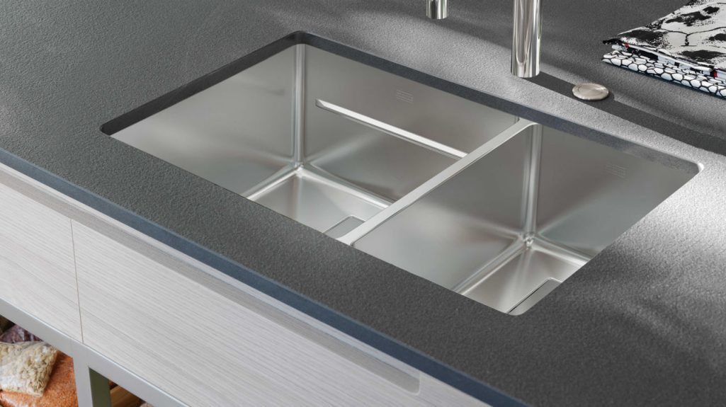 Close up combination bowl stainless steel sink 