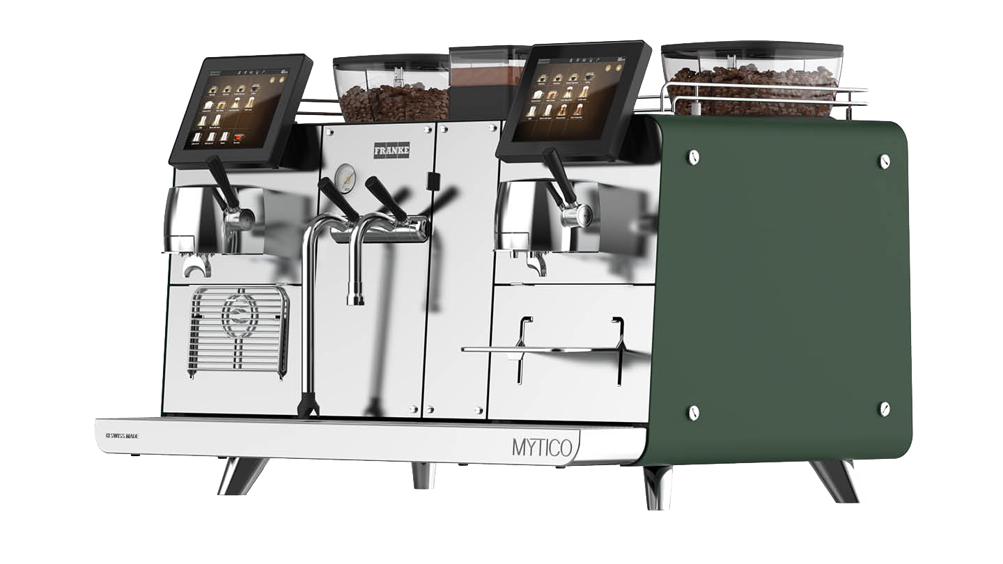 Franke Coffee Systems, Mytico Vario, BeyondTraditional, professional fully automatic coffee machine, hybrid coffee machine, front left view, burgundy color