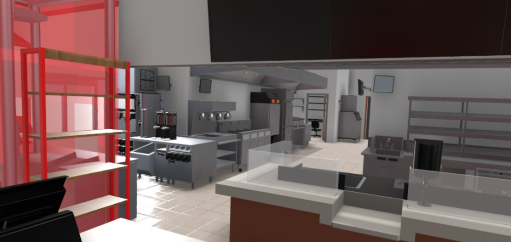 Three dimenstional virtual reality rendering of a quick-service restaurant  kitchen