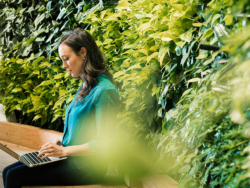 person working on a laptop while sitting on a bench in a green environment