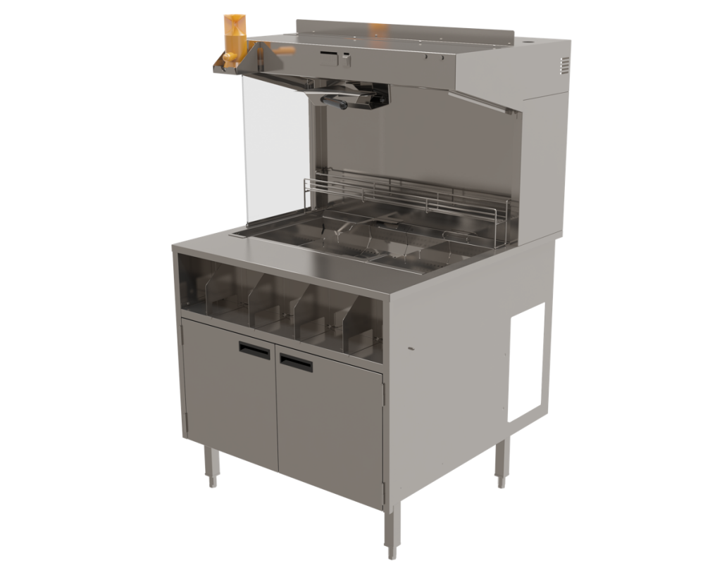 Franke all stainless steel fry station, shown with fry sorting tray and undercounter storage