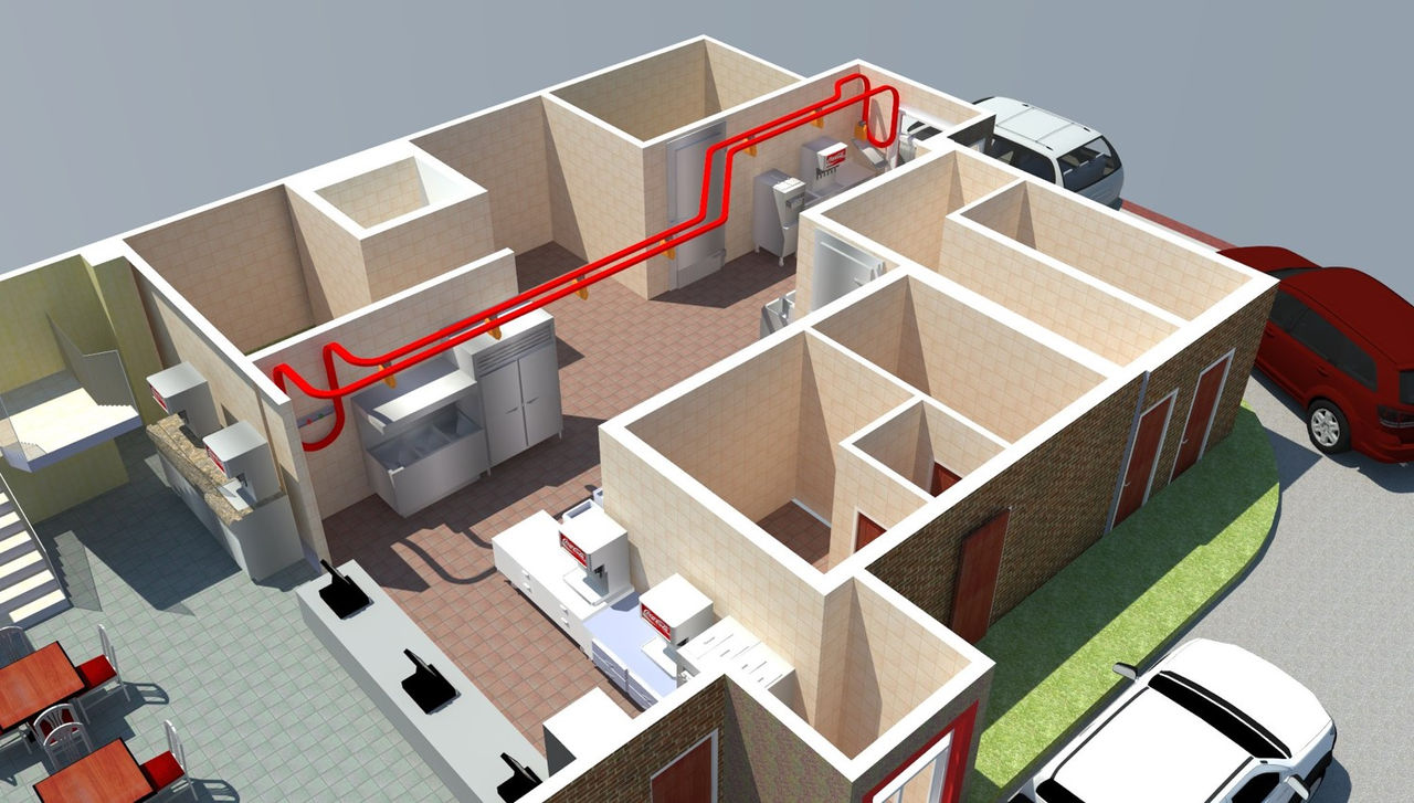 Layout diagram showing the Franke transporter connecting the kitchen with a drive-through booth