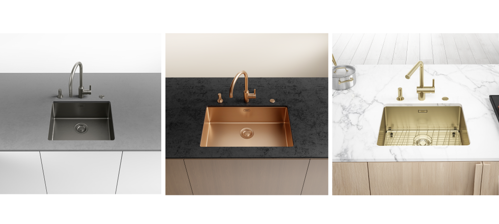 3 different Mythos Masterpiece BMX sinks showing next to each other in Anthracite, Copper, and Gold