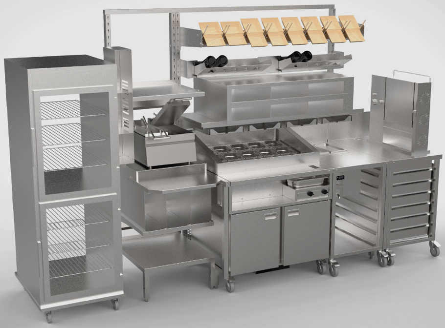 Stainless steel prep line with hold and cold ingredient store and packaging dispensers