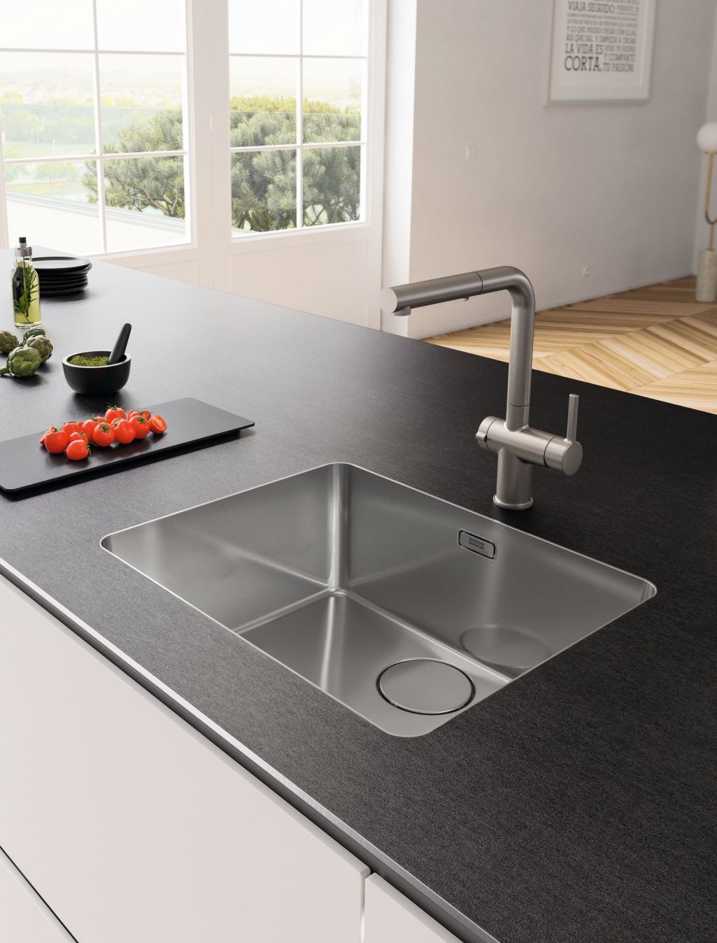 Mythos stainless-steel bowl and stainless-steel worktop,  black pearl finishing